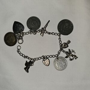 Very Rare Vintage WW2 Silver Charm Bracelet with Coins and Charms